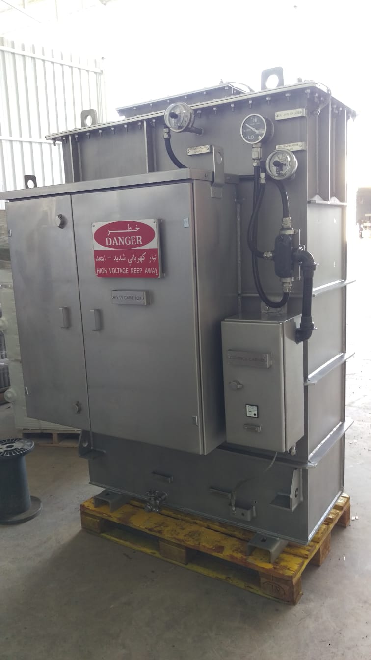 Stainless steel step-up multitap transformer with radiator cooling, manufactured by DATSAN